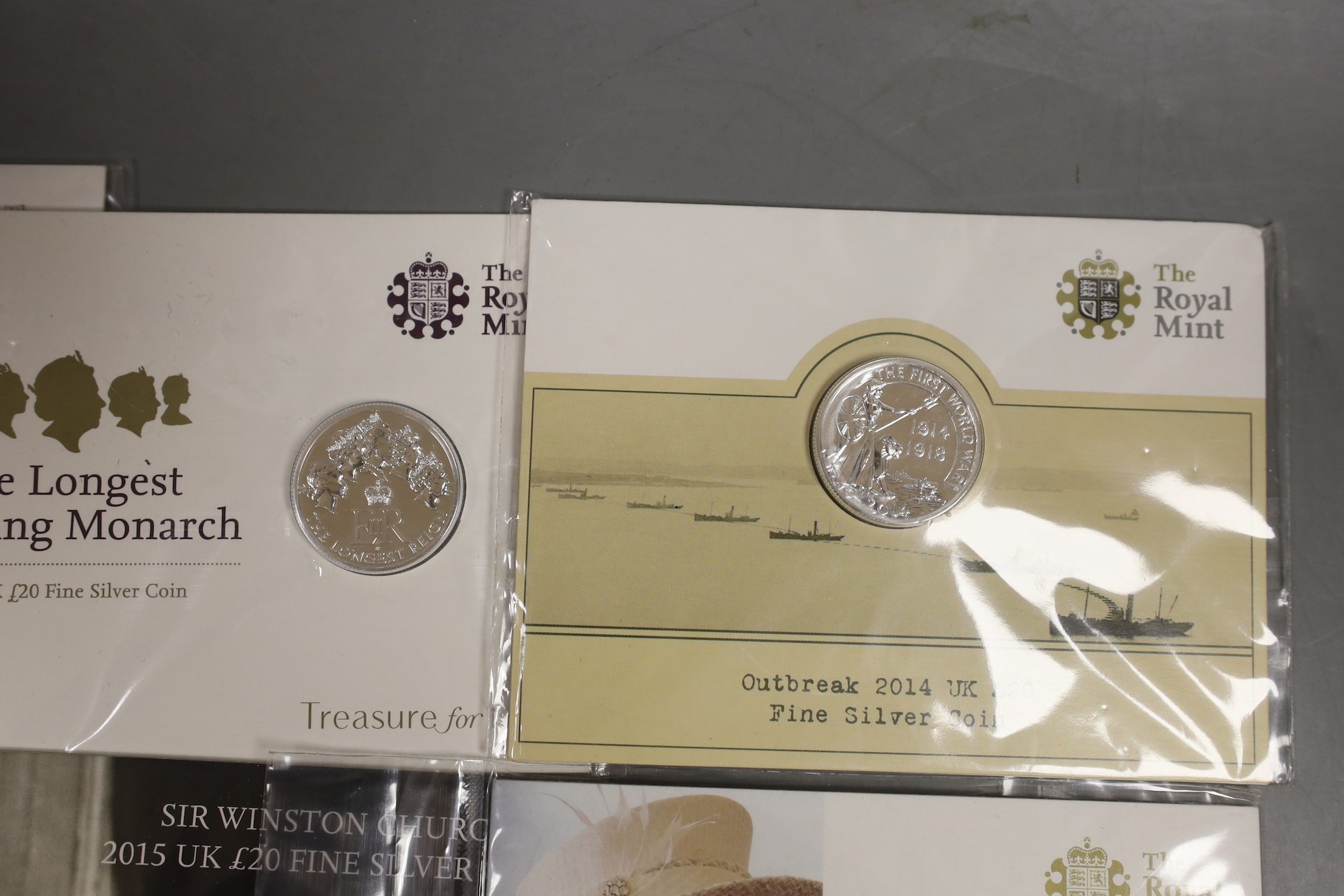 UK Royal Mint commemorative silver coins – two 2016 £50 coins and six £20 coins comprising 2013, 2014, 2 x 2015, 2 x 2016 (8)